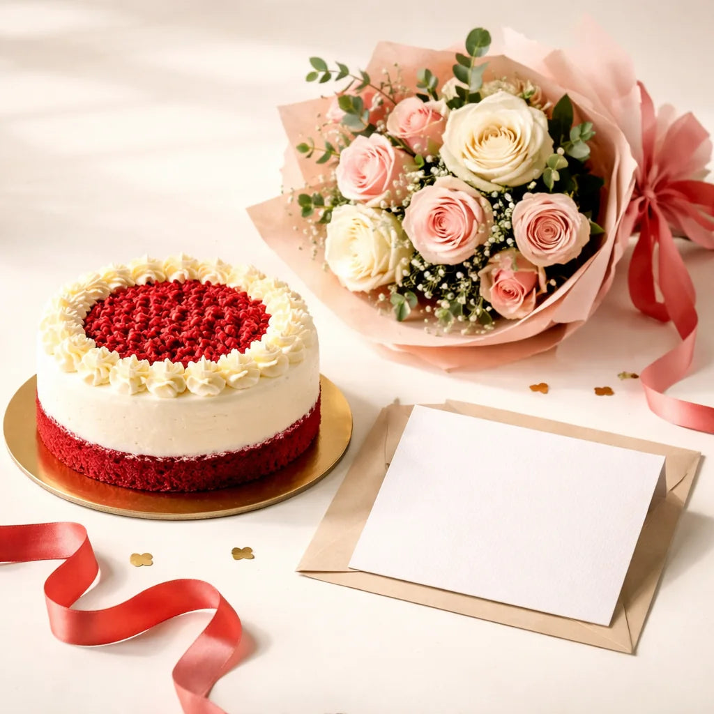 Red Velvet Cake and Flower Combo