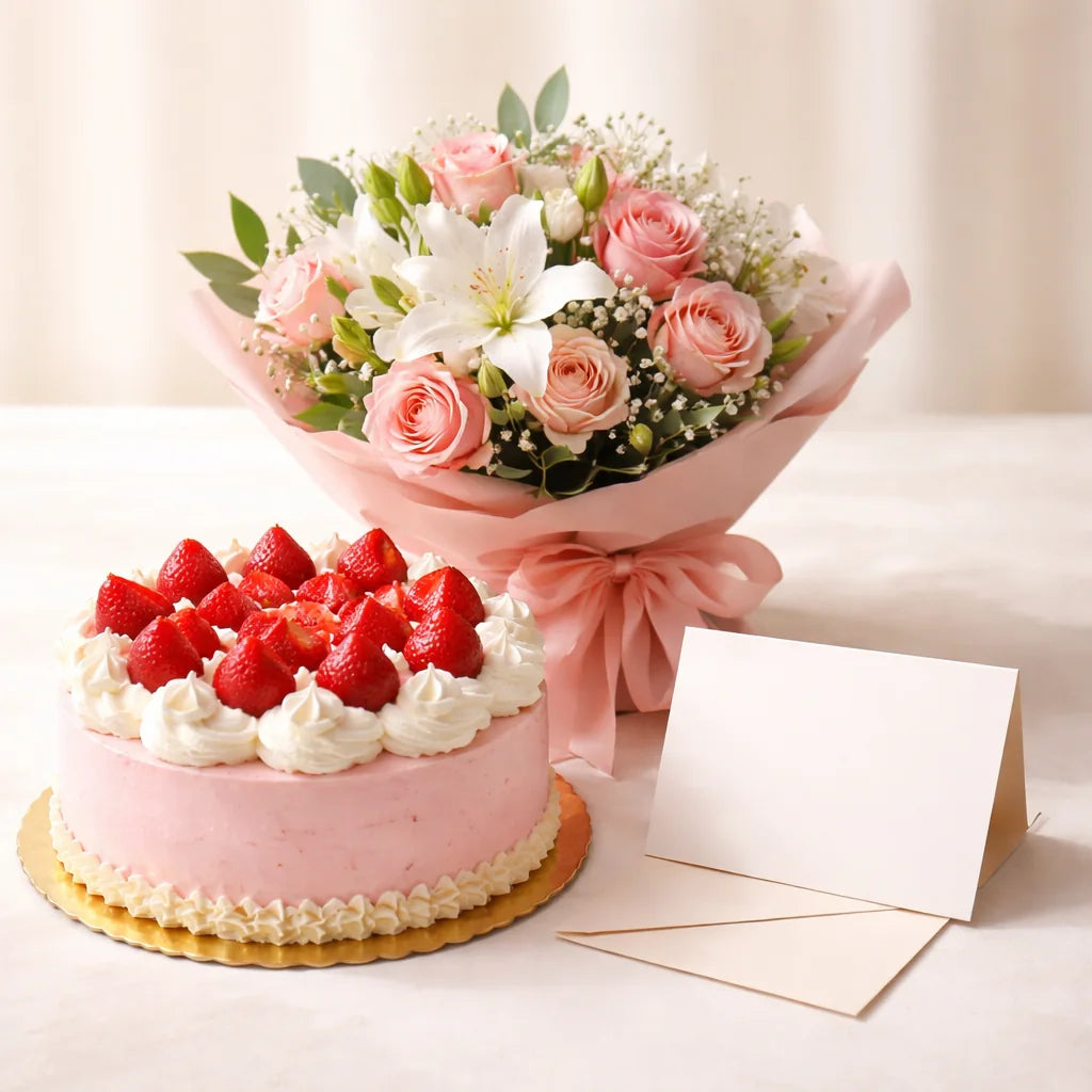 Strawberry Cake and Flower Combo