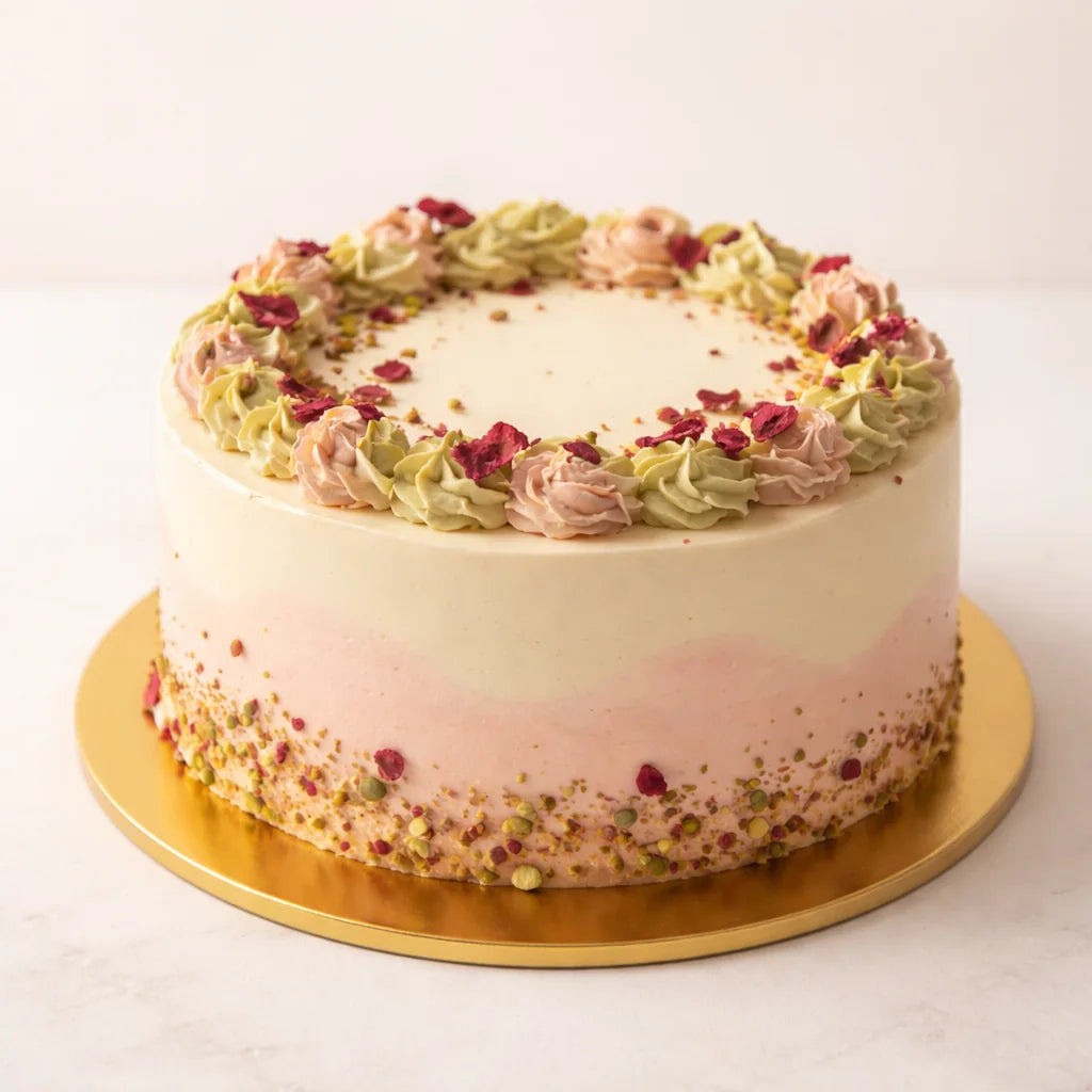 Eggless Rose and Pistachio Style Cake