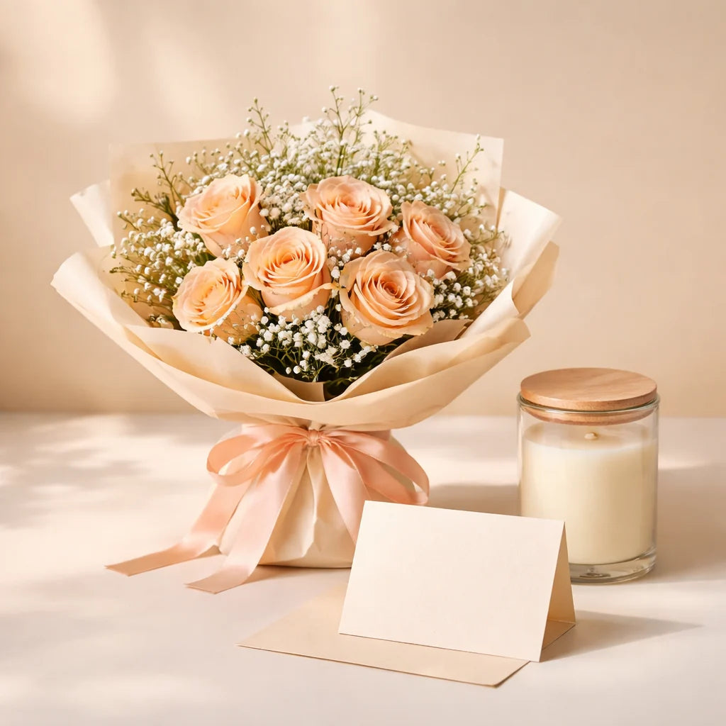 Peach Rose and Candle Gift Combo