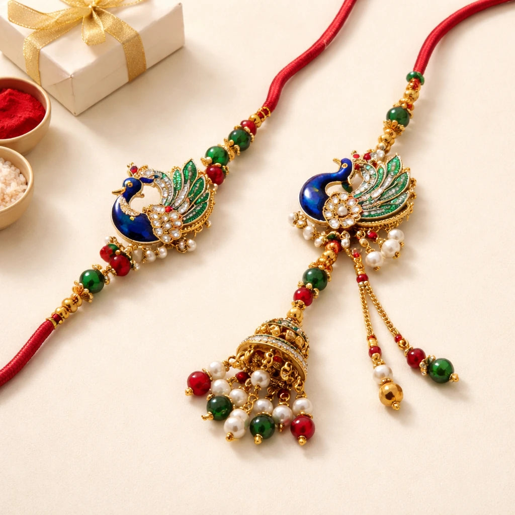 Peacock Motif Bhaiya-Bhabhi Rakhi