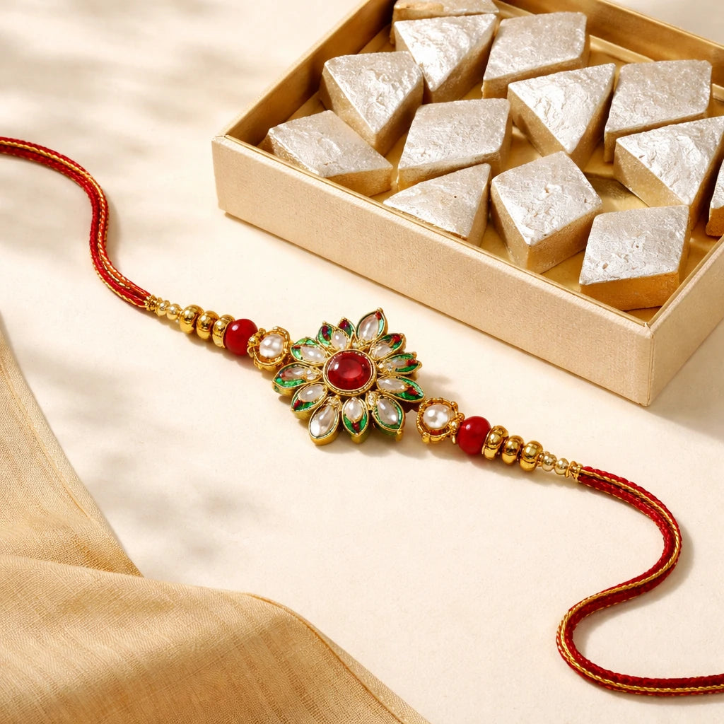 Kundan-Style Rakhi with Kaju Katli Style Sweets
