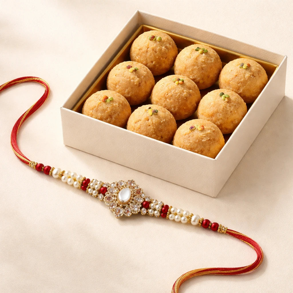 Pearl-Style Rakhi with Laddu Style Sweets